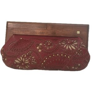 Rafe New York, over size burgundy laser cut leather Clutch with Wooden Accent